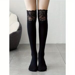 Women' Opaque Black Wide Lace Top Thigh High Tights/Stockings Sexy Lingerie NEW
